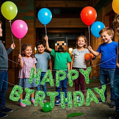 Green Pixel Miner Theme Happy Birthday Balloons Banner 16 Inch Letters - Image 4