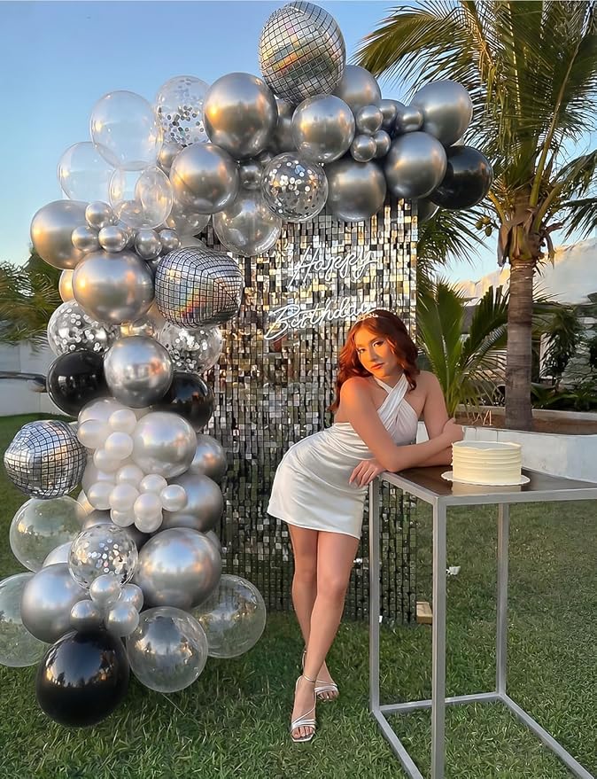 Black and Silver Balloons, Glitter Confetti Latex Balloon - Image 2