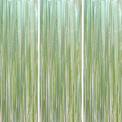 Voircoloria Light Green Foil Fringe Backdrop Curtains, 3 Pack | Tinsel Streamers by Voircoloria