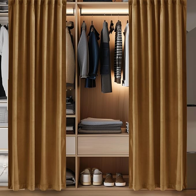 Doorway Curtain Back Tab Gold Brown Velvet Thermal Insulated Sliding Door - Image 5