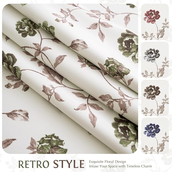 Beauoop Floral 100% Blackout Curtains Bedroom Green Brown 52x90 2 Panels | Rose - Image 8