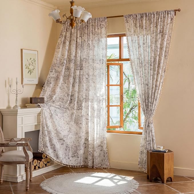 Floral Semi Sheer Rod Pocket 96 Inch Curtains 2 Panel Set - Image 4