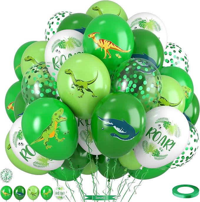 Dinosaur Balloons, 12 Inch Dark Fruit Light Green White Dinosaur Printed Latex by Saxuxu