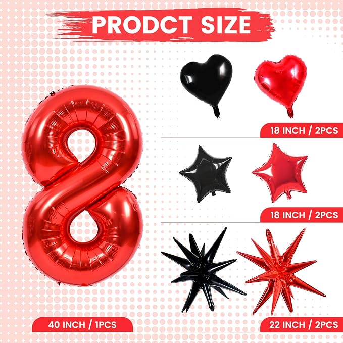 TONIFUL 8th Birthday Balloons Kit 40 Inch Red Large Number 8 Foil Balloon | - Image 2