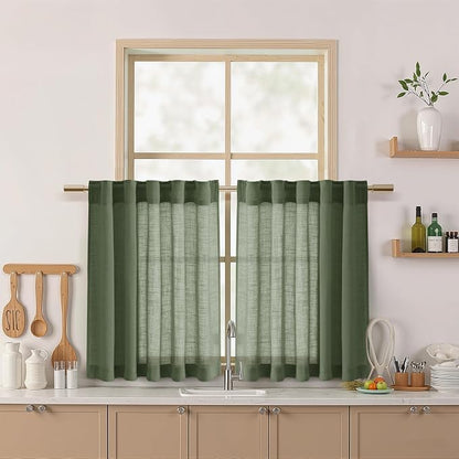 Olive Green Linen Curtains 30 Inch Length Short Kitchen, Semi Sheer Boho Cafe by Nanspring