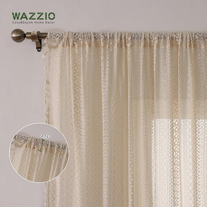 WAZZIO Boho Lace Curtains 90 Inches 2 Panel, Light Filtering Privacy Tassel & - Image 7