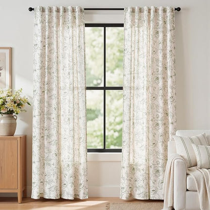 jinchan Floral Linen Curtains for Living Room 84 Inch Length Green Flower by JINCHAN