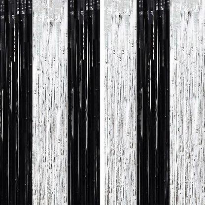 Voircoloria Black Silver Foil Fringe Backdrop Curtains, 2 Pack | Tinsel by Voircoloria