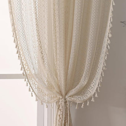 WAZZIO Boho Lace Curtains 96 Inches 2 Panel, Light Filtering Privacy Tassel & by WAZZIO