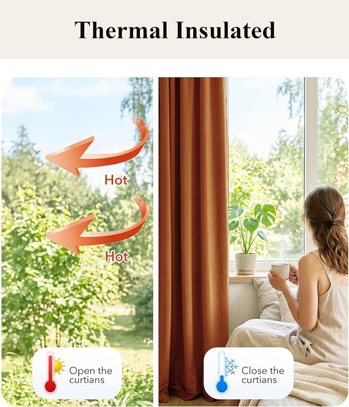 Burnt Orange Velvet Curtains Back Tab Extra Long, Window Back Tab Pinch Pleat - Image 6