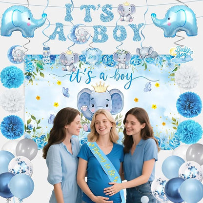 Elephant Baby Shower Decorations Banner, It's a Boy Backdrop, Foil & Latex - Image 4