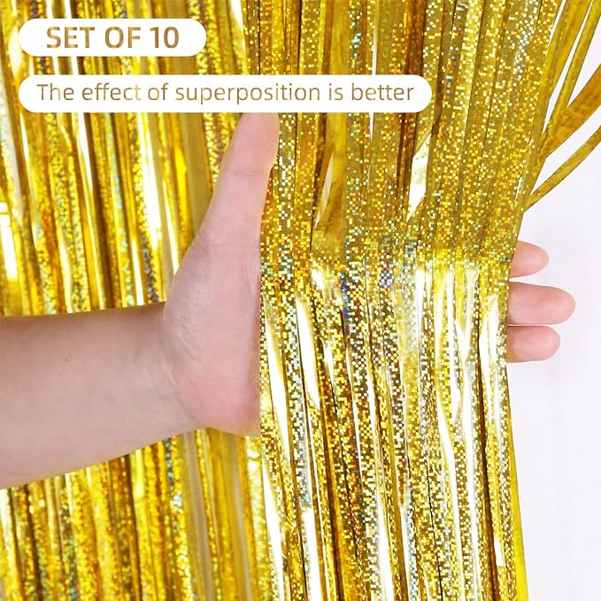 10 Pack Gold Foil Curtain Backdrop 3.2ft x 9.8ft Metallic Tinsel Foil Fringe - Image 2