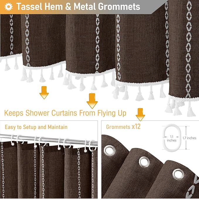 72x84 Long Boho Farmhouse Linen Heavy Duty Shower Curtain Set, 330GSM Linen - Image 5