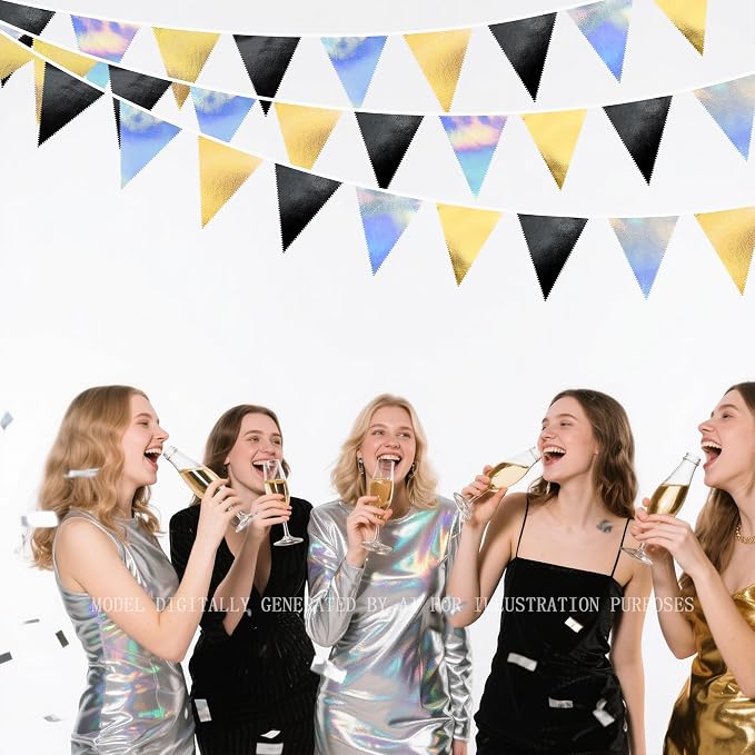Black Gold Iridescent Party Decorations Triangle Pennant Banner Flag Metallic - Image 6