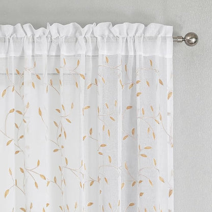White Sheer Curtains Orange Leaf Embroidery Linen 96 Inches Long | Light - Image 3