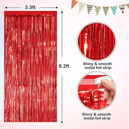 Red Metallic Tinsel Foil Fringe Curtains, 4 Pack 3.3x8.3 Feet Streamer Backdrop - Image 2