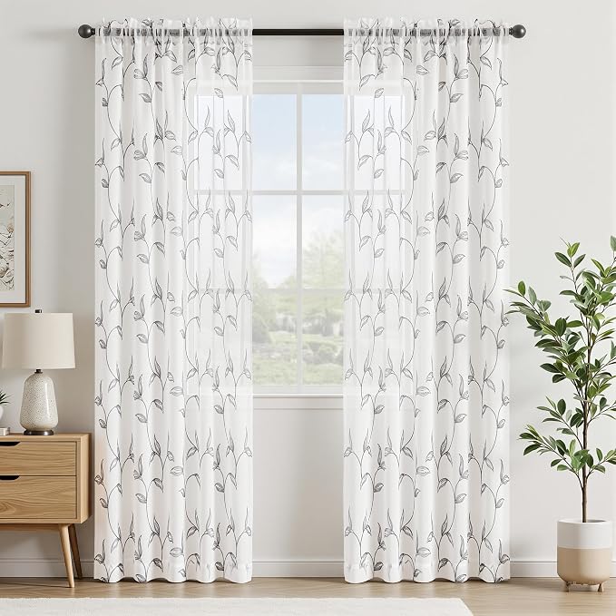 Sheer Curtains Boho Leaf Floral Embroidered Grey 54Wx96L | Light Filtering Semi - Image 2