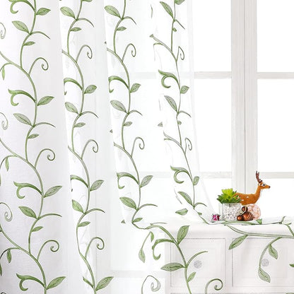 White Sheer Curtains Green Embroidered Leaves 2 Panels 54Wx63L | Light by VISIONTEX