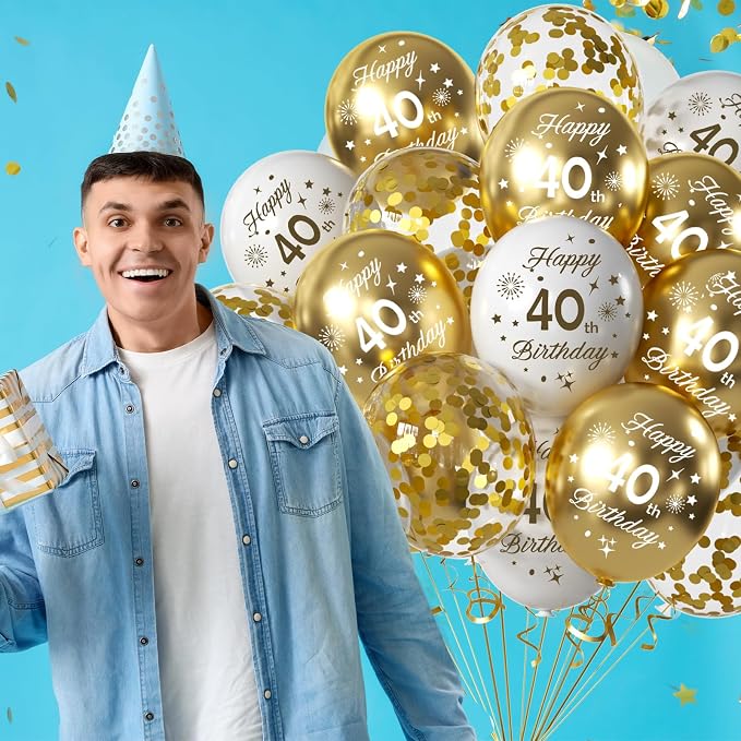 White Gold 40th Birthday Balloons Pack of 15 Men Women Happy 40th Birthday - Image 4
