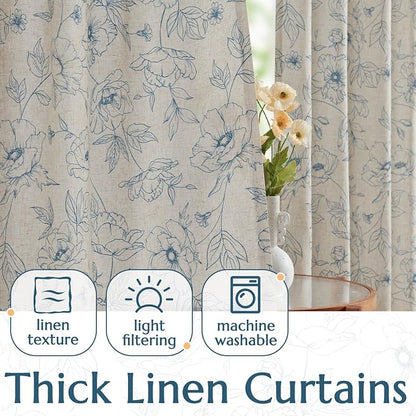 jinchan Floral Linen Curtains for Living Room 63 Inch Length Blue Flower - Image 3