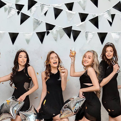 Black and Silver Party Decorations Triangle Pennant Banner Flag Metallic Fabric - Image 5