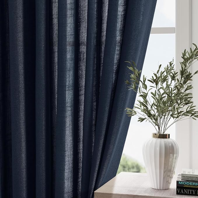 Navy Blue Boho Curtains for Bedroom Back Tab Rod Pocket Semi Sheer Linen - Image 2