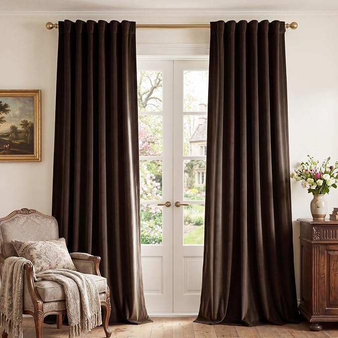 Brown Velvet Curtains Blackout for Living Room, W52 x L96, 2 Panels | 300GSM by StangH