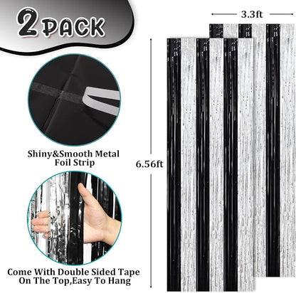 Voircoloria Black Silver Foil Fringe Backdrop Curtains, 2 Pack | Tinsel - Image 3