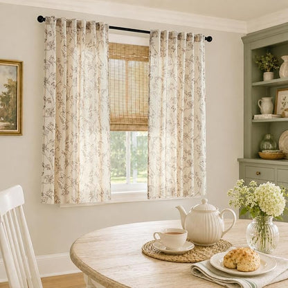 Taupe Floral Linen Curtains Farmhouse Rod Pocket 50W X 63L 2 Panels | Charlotte - Image 5