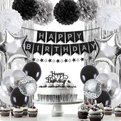 Black and Silver Happy Birthday Party Decorations - Image 7
