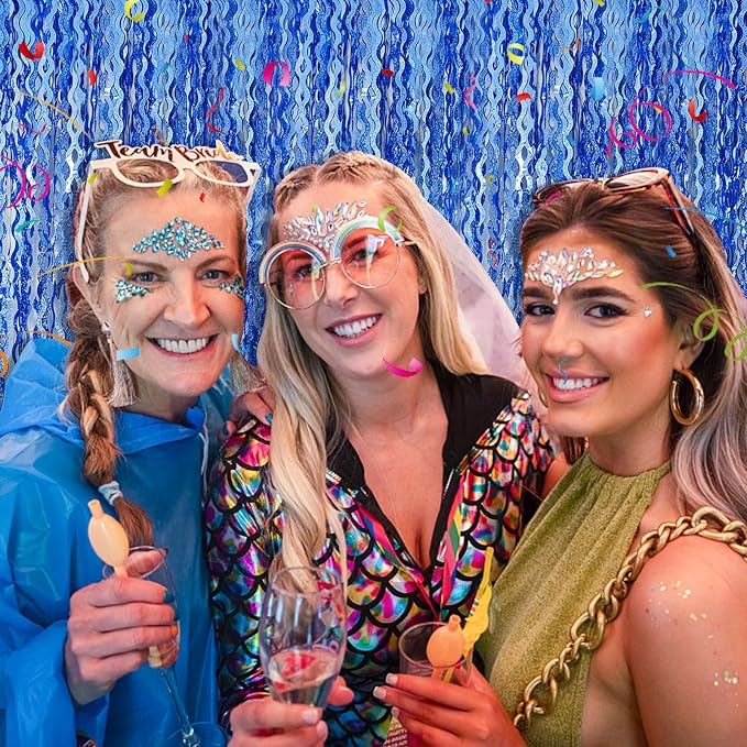 Blue Tinsel Foil Fringe Curtains Wavy Backdrop - Image 3
