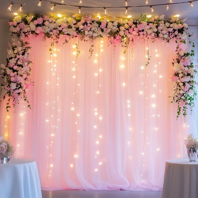 Tulle Backdrop Curtains with Lights Pink 10x10ft Sheer Curtain Backdrop | Tulle - Image 7