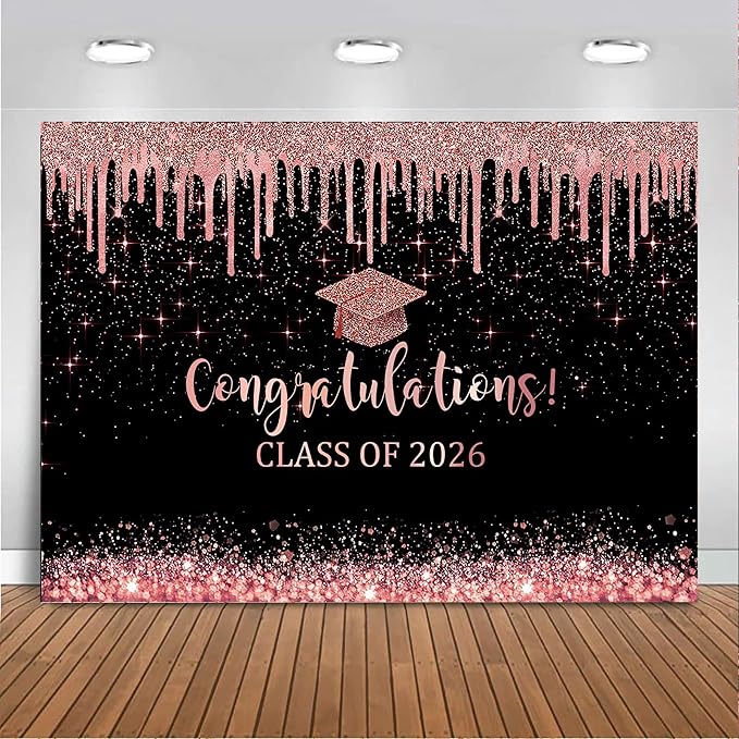 Mocsicka Rose and Gold Graduation Backdrop Congratulations Class of 2024 by Mocsicka