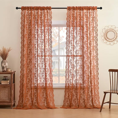 Brunt Orange Lace Curtains 63 Inch Length 2 Panels Set - Image 2