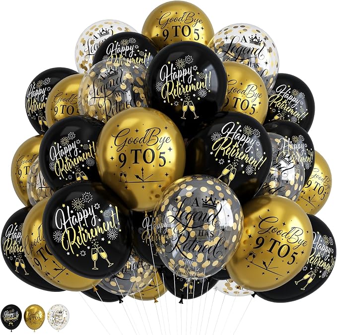 Happy Retirement Balloons Party Decorations, 12 Inch Black and Gold Retirement by Paeyeq