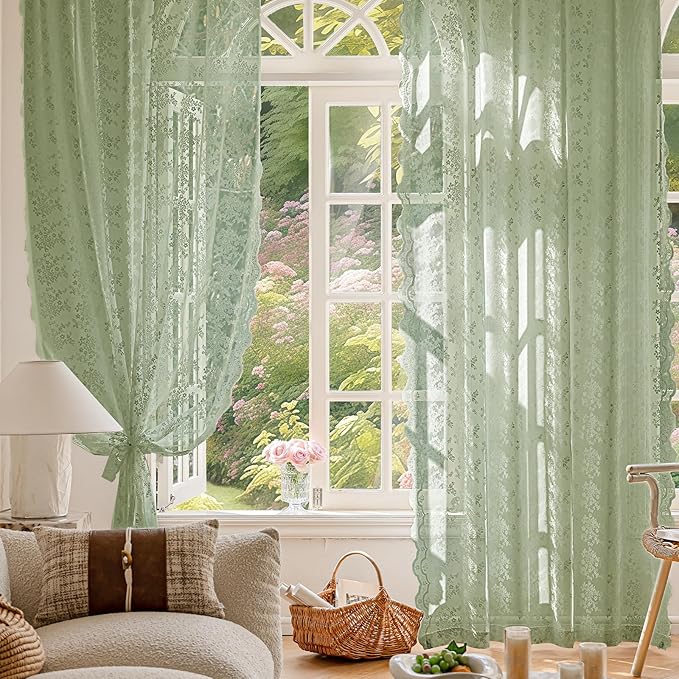 Anmao Vintage Sage Green Lace Curtains 80 Inches Long 2 Panels Sets, Romantic - Image 5