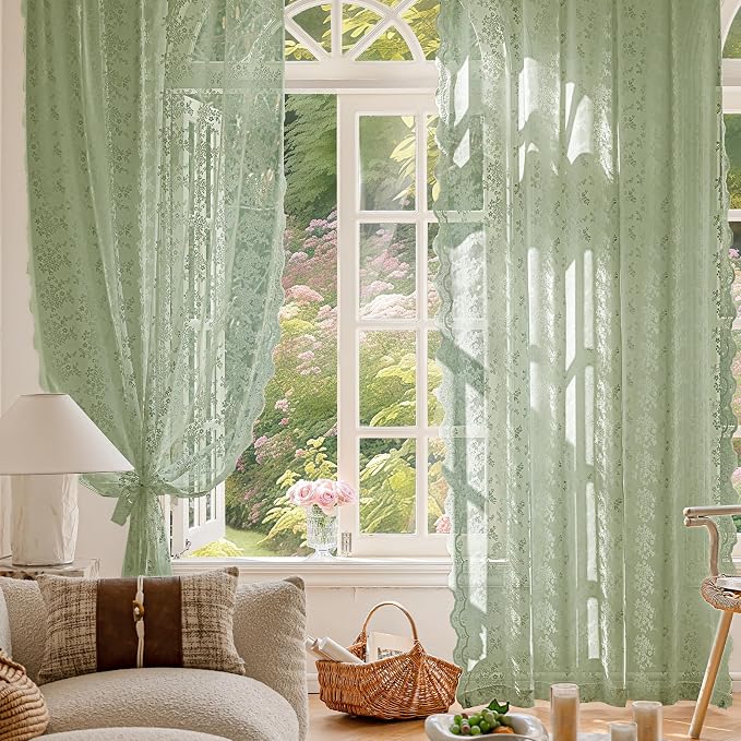 Anmao Vintage Sage Green Lace Curtains 45 Inches Long 2 Panels Sets, Romantic - Image 5