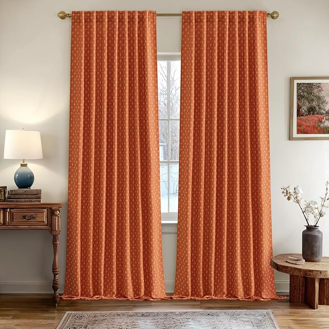 MIULEE Patterned Farmhouse Linen Curtains, Back Tab, Burnt Orange | Linen - Image 2