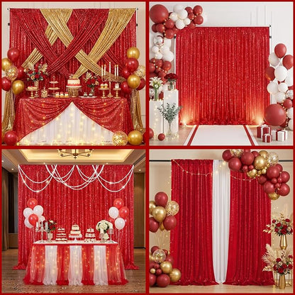 Red Sequin Backdrop Curtains 2 Pcs 3.3ftx8ft Sparkle Backdrop Fabric | Glitter - Image 2