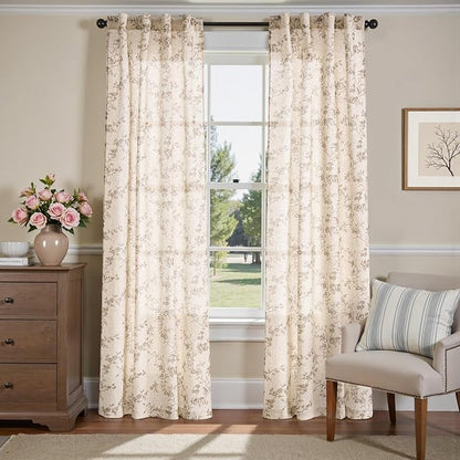 jinchan Taupe Floral Linen Curtains 90 Inch Farmhouse Back Tab 2 Panels | Taupe - Image 2