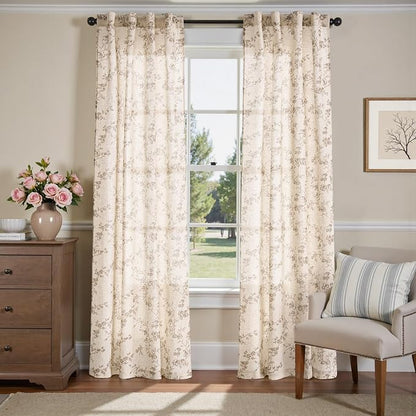 jinchan Taupe Floral Linen Curtains 84 Inch Farmhouse Back Tab 2 Panels | Taupe - Image 2