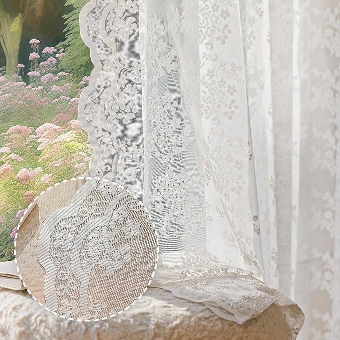 Anmao Vintage White Lace Curtains 84 Inches Long 2 Panels Set, Romantic Elegant by Anmao