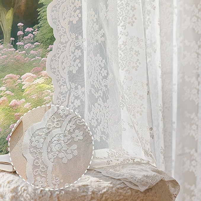 Anmao Vintage White Lace Curtains 108 Inches Long 2 Panels, Romantic Elegant by Anmao