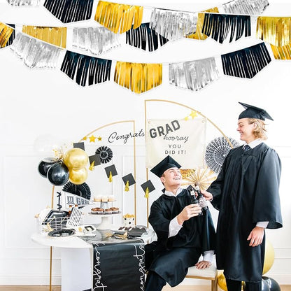 Black Silver Gold Tassel Banner Double Sided Metallic Fabric Pennant Bunting - Image 4