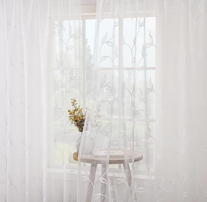 White Sheer Curtains Boho Leaf Floral Embroidered 54Wx90L | Light Filtering - Image 7