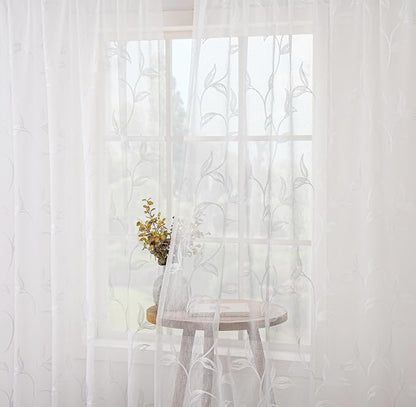 White Sheer Curtains Boho Leaf Floral Embroidered 54Wx90L | Light Filtering - Image 7
