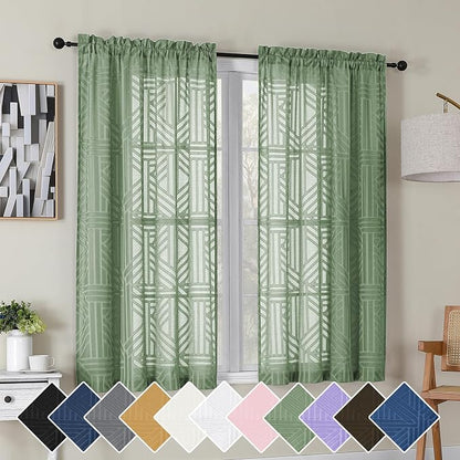 Simplebrand Sage Green Semi Sheer Curtains 45 Inch Length 2 Panels, Geometric by Simplebrand