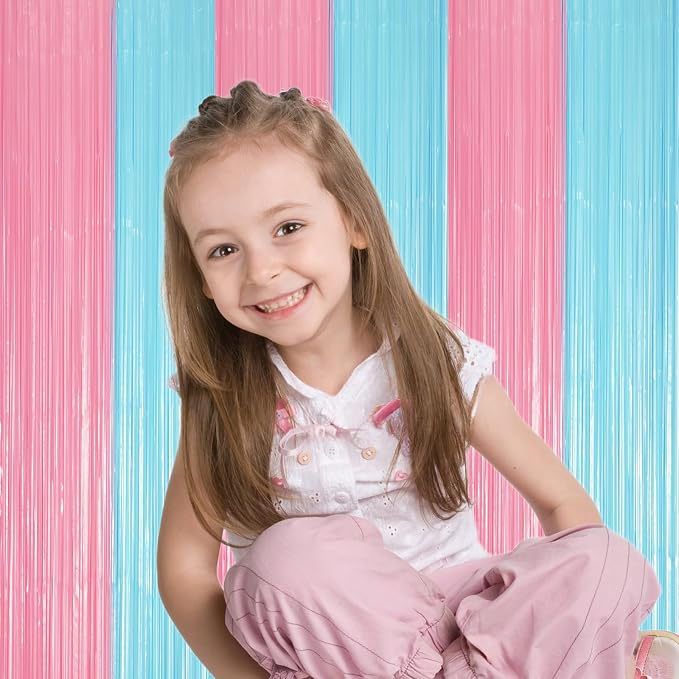 Voircoloria Pastel Blue Pink Foil Fringe Backdrop Curtains, 3 Pack - Image 6