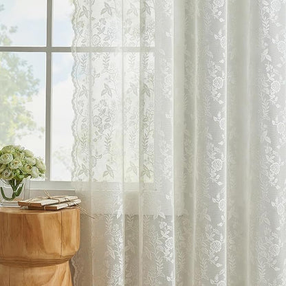 FINECITY Short Ivory Floral Lace Kitchen Curtains W42xL36 Inch, 2 Panels | Rod - Image 5