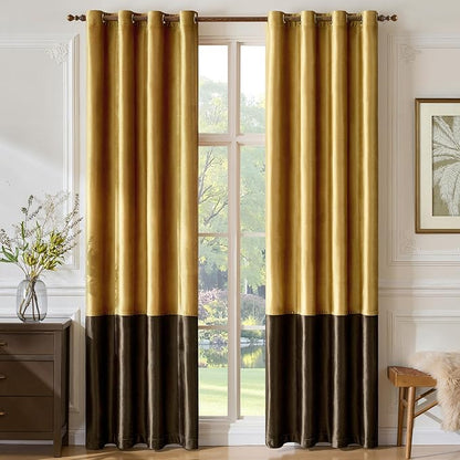 Brown Gold Velvet Blackout Curtains Luxury Decor 102 inches, Color Block | - Image 5